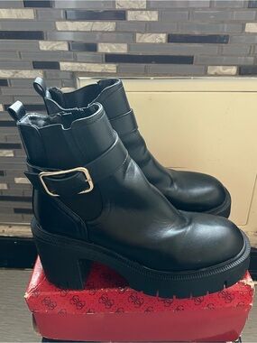 Women's Black Platform Chunky Heel Ankle Boots w/ Buckle